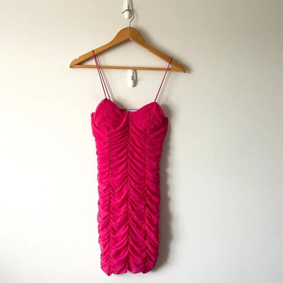 Zara Ruched Mesh Corset Mini Dress Hot Pink Size Medium - Picture 3 of 6